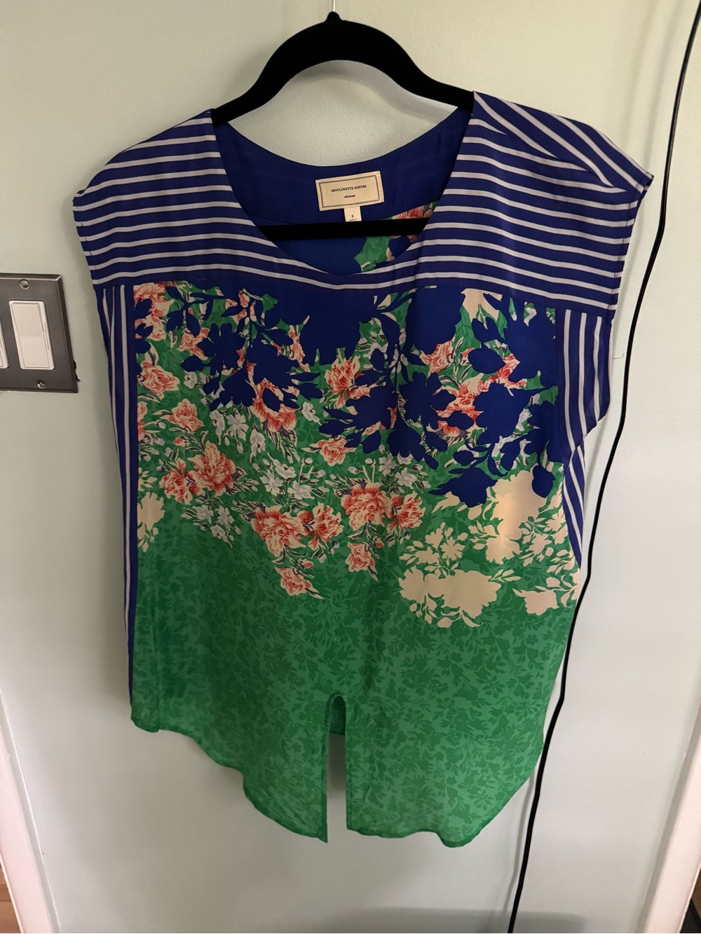 Moulinette Soeurs Blue Floral Stripe Silk Front Tie Top